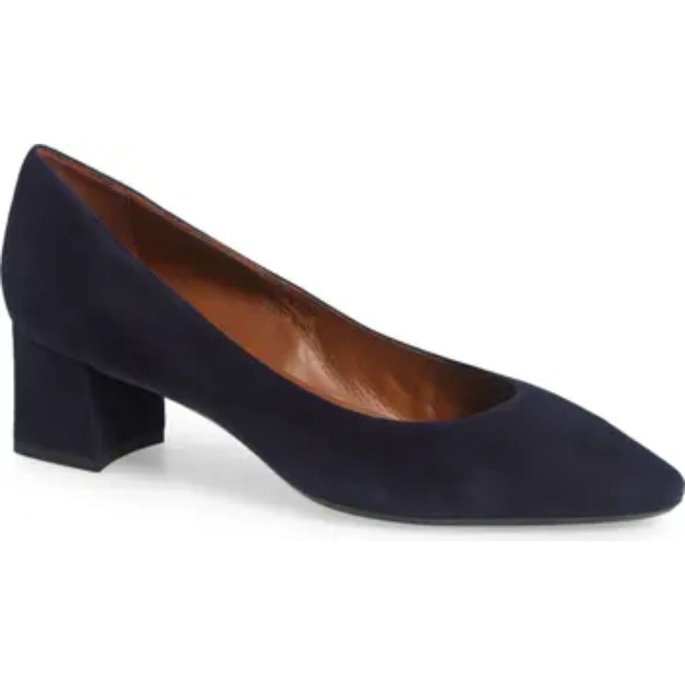 Aquatalia Suede Stacked Heel Pasha Pump - Navy 9M